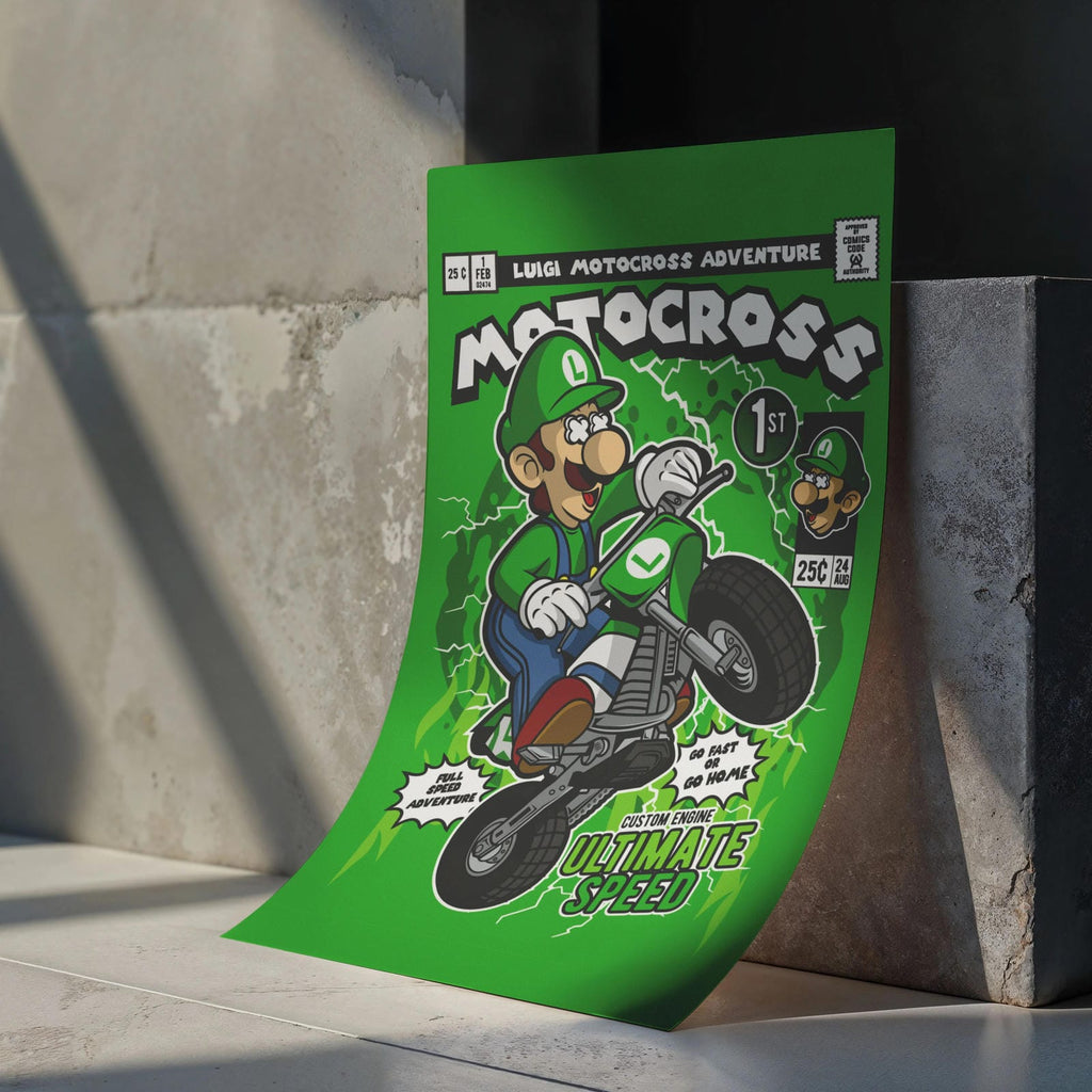 Luigi Motocross Art Wall Decor – Retro Cartoon Comic Poster