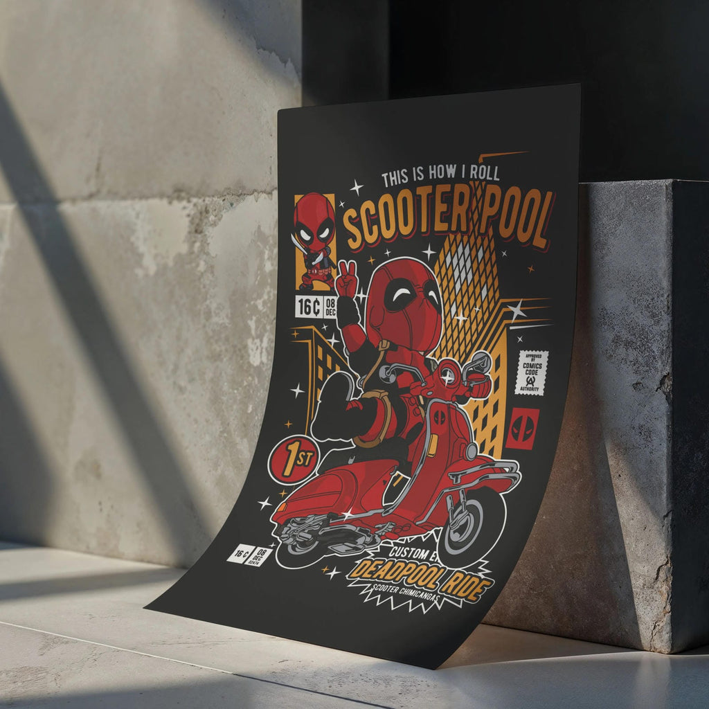 Deadpool Scooter Art Wall Decor – Retro Cartoon Comic Poster