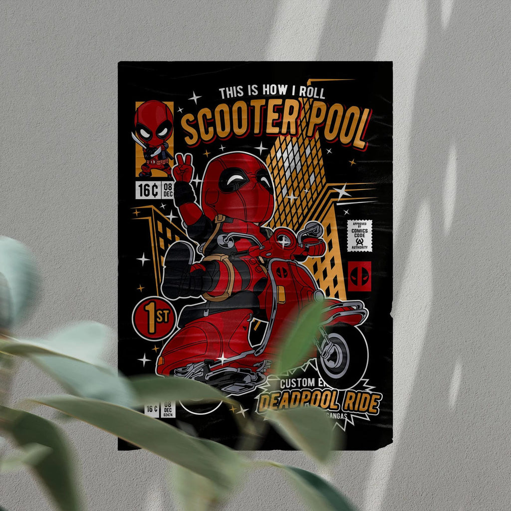 Deadpool Scooter Art Wall Decor – Retro Cartoon Comic Poster
