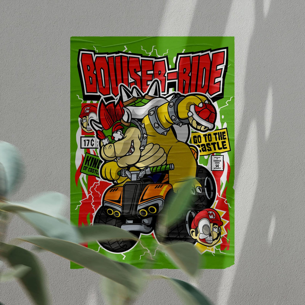 Bowser Ride Pop Art Wall Decor – Retro Cartoon Comic Poster