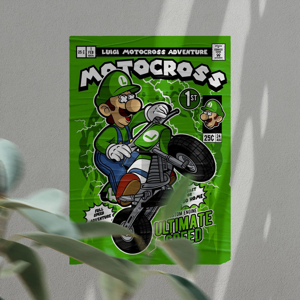 Luigi Motocross Art Wall Decor – Retro Cartoon Comic Poster