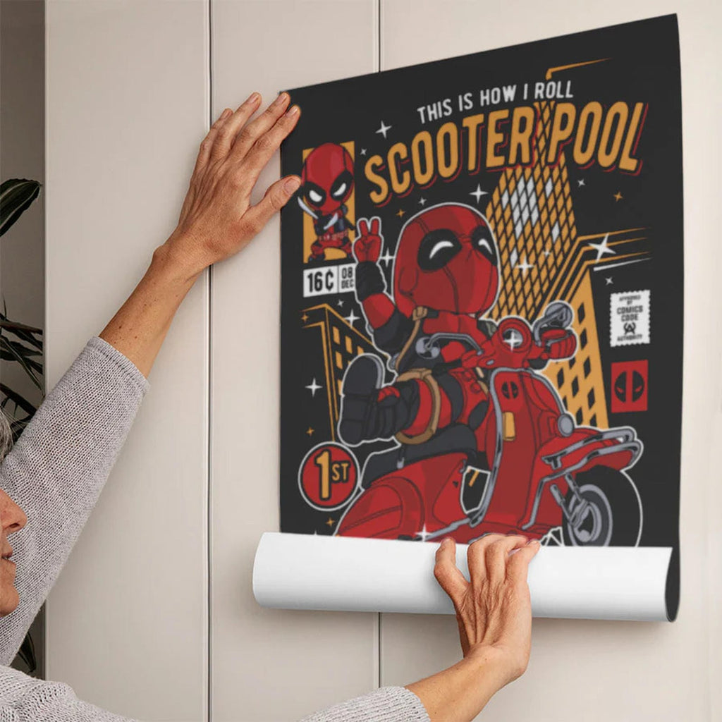Deadpool Scooter Art Wall Decor – Retro Cartoon Comic Poster