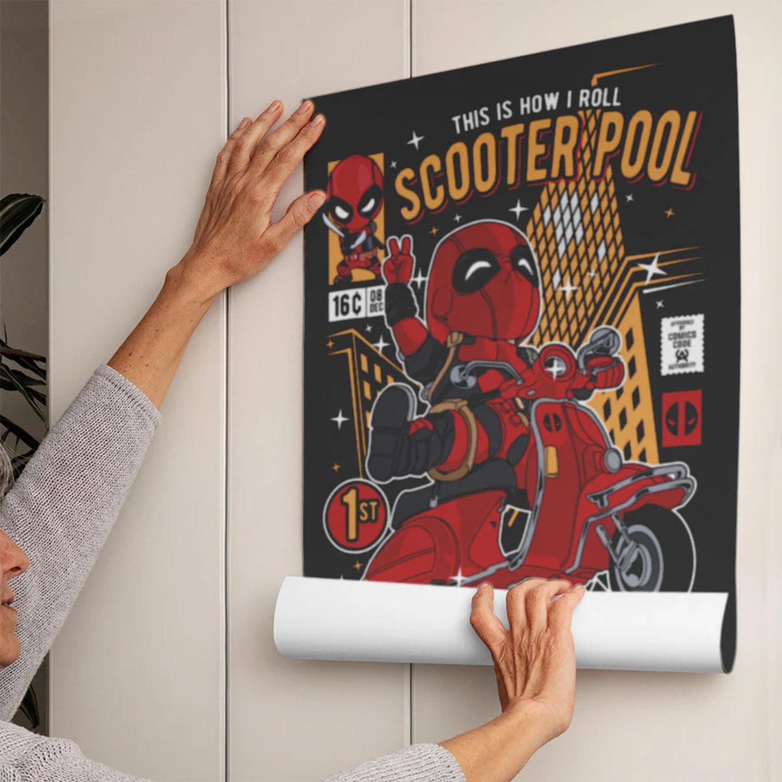 Deadpool Scooter Art Wall Decor – Retro Cartoon Comic Poster