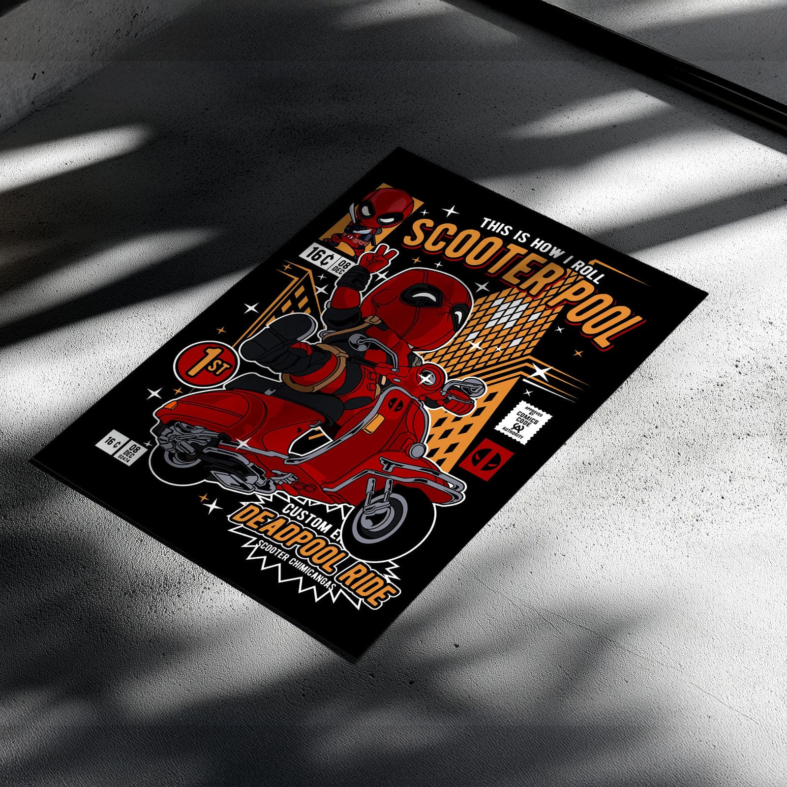 Deadpool Scooter Art Wall Decor – Retro Cartoon Comic Poster