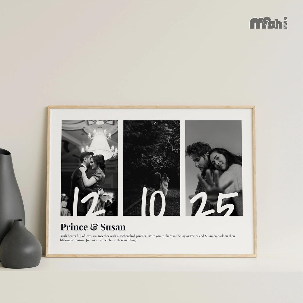 Elegant Black & White Wedding Invitation Poster – Modern Photo Collage Design