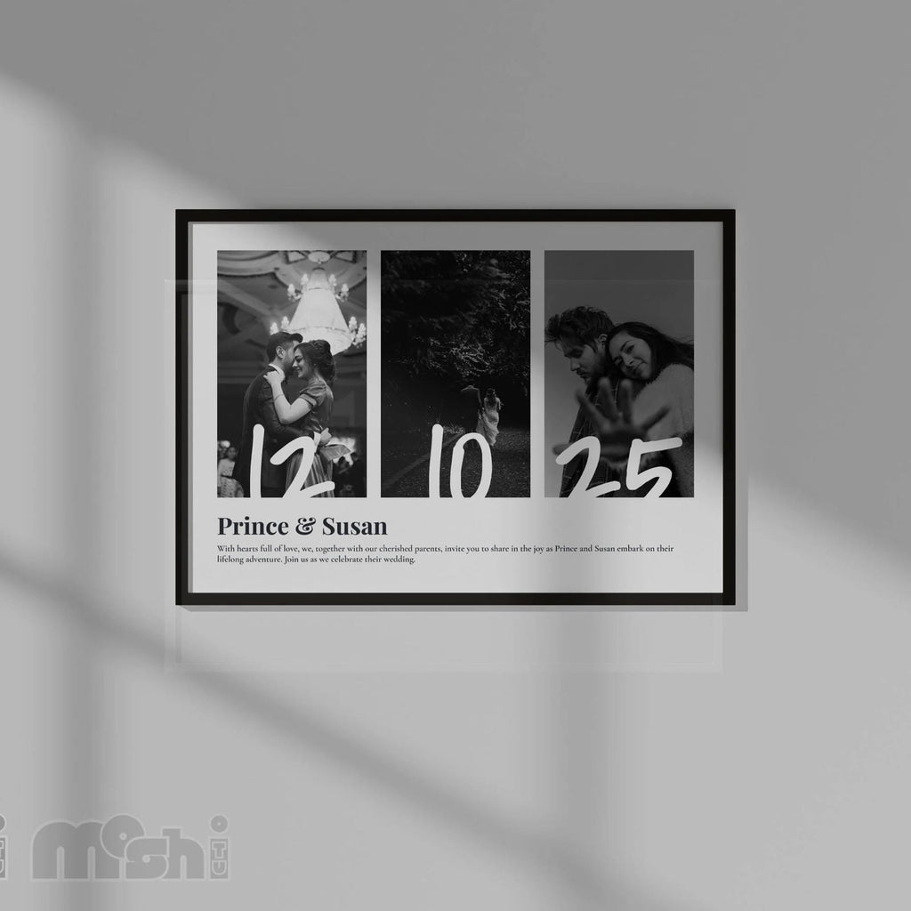 Elegant Black & White Wedding Invitation Poster – Modern Photo Collage Design