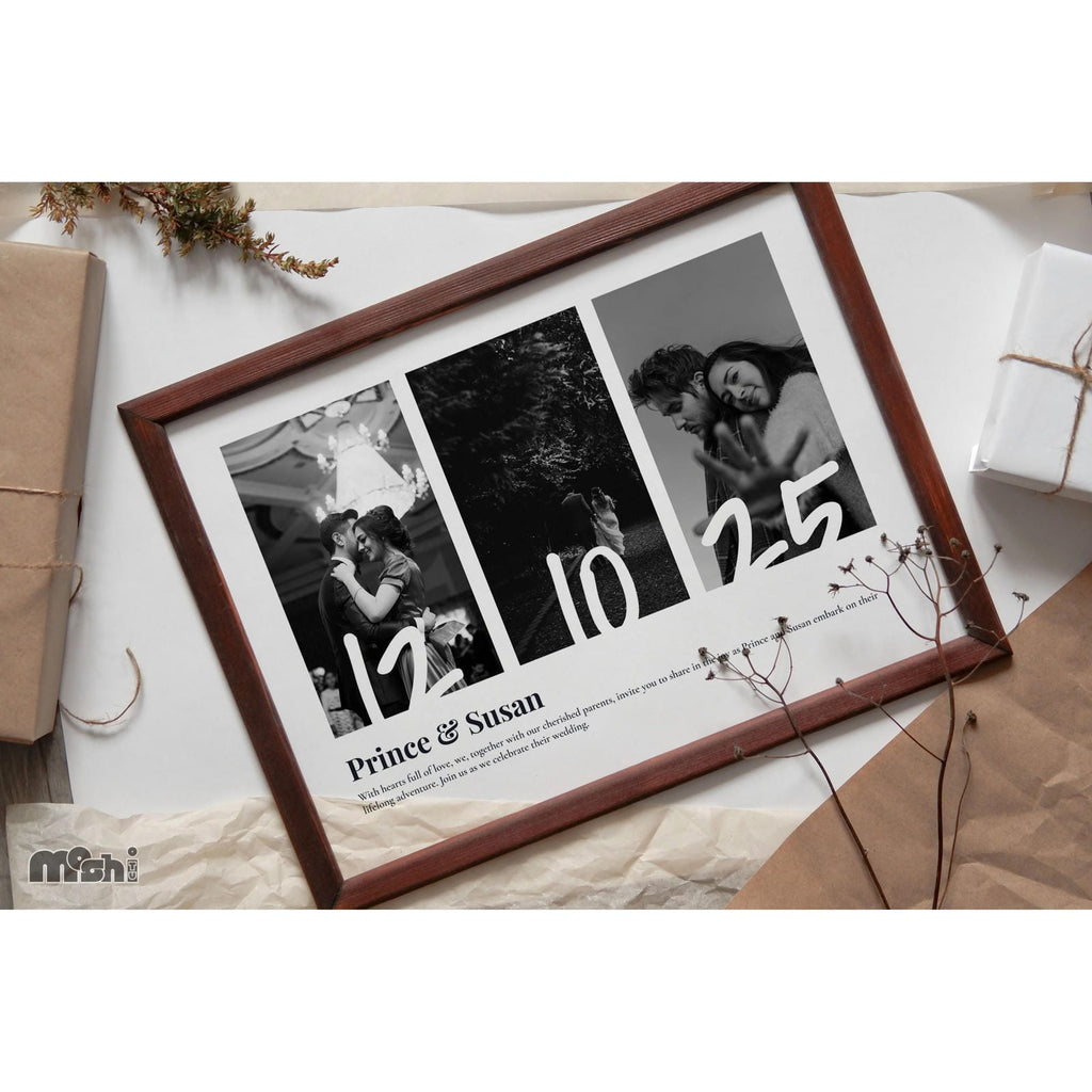 Elegant Black & White Wedding Invitation Poster – Modern Photo Collage Design