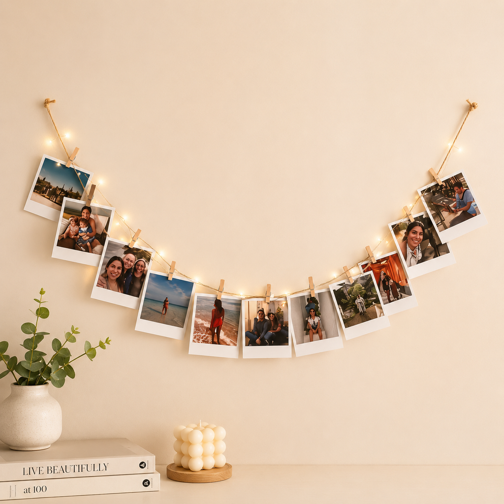 20 Photos Polaroid Hanging Wall Decor with Fairy Lights & Wooden Clips