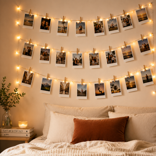 20 Photos Polaroid Hanging Wall Decor with Fairy Lights & Wooden Clips