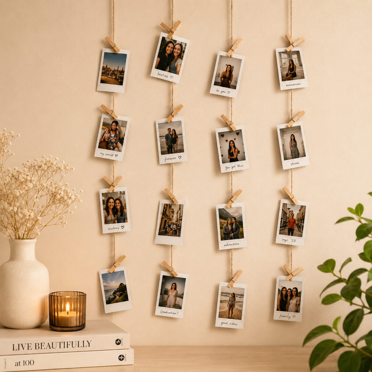 20 Photos Polaroid Hanging Wall Decor with Fairy Lights & Wooden Clips