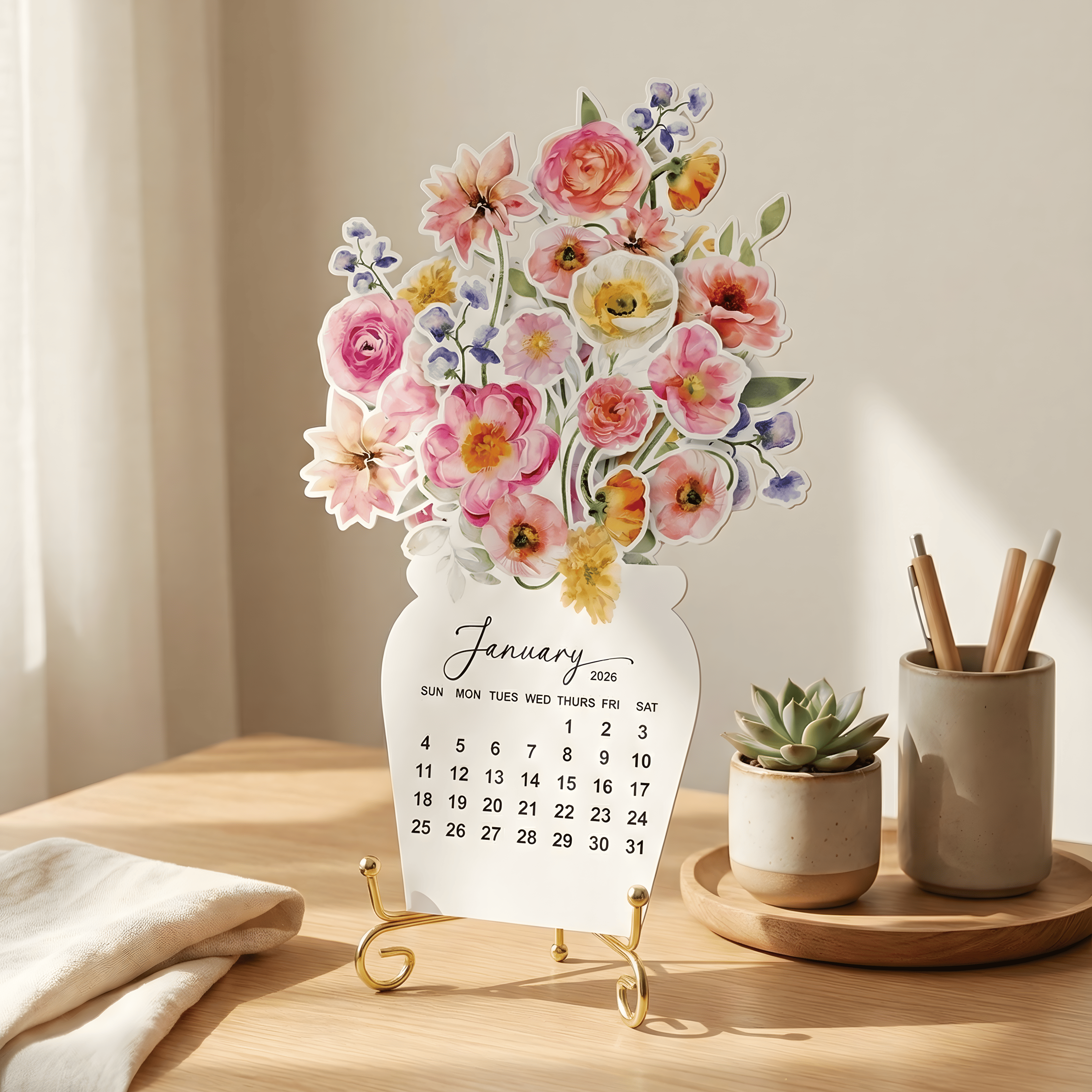 Floral-themed calendar on a wooden table with decorative items.