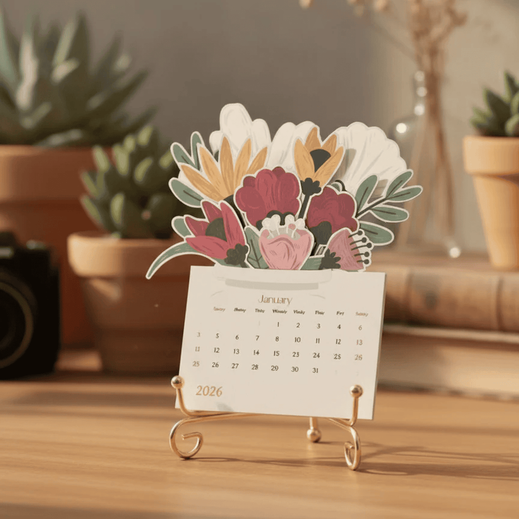 Calendar with floral design on a small stand, placed on a wooden surface with plants in the background.