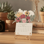 Calendar with floral design on a small stand, placed on a wooden surface with plants in the background.