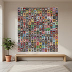 Wall with a large display of small figurines above a wooden bench in a room.