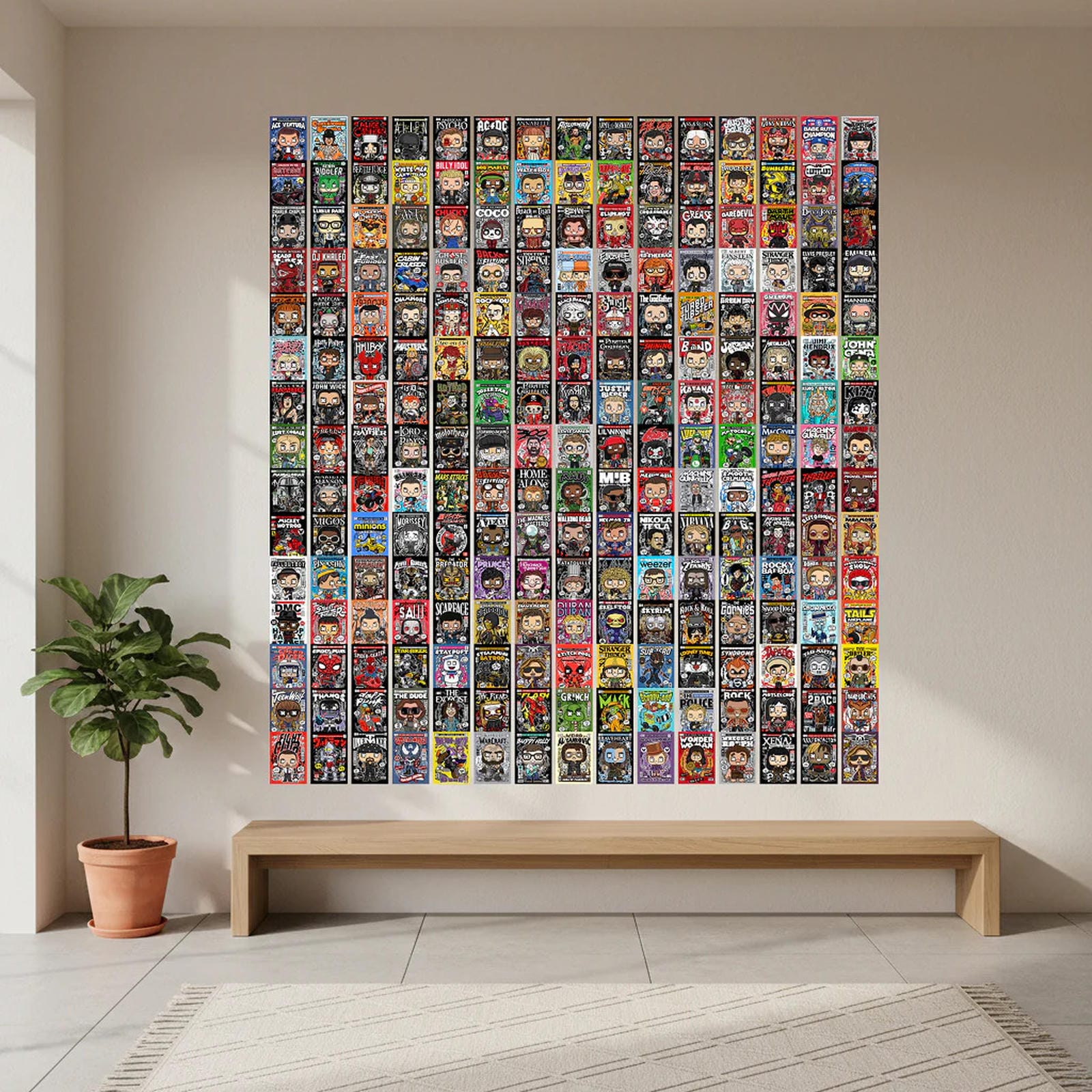 Wall with a large display of small figurines above a wooden bench in a room.